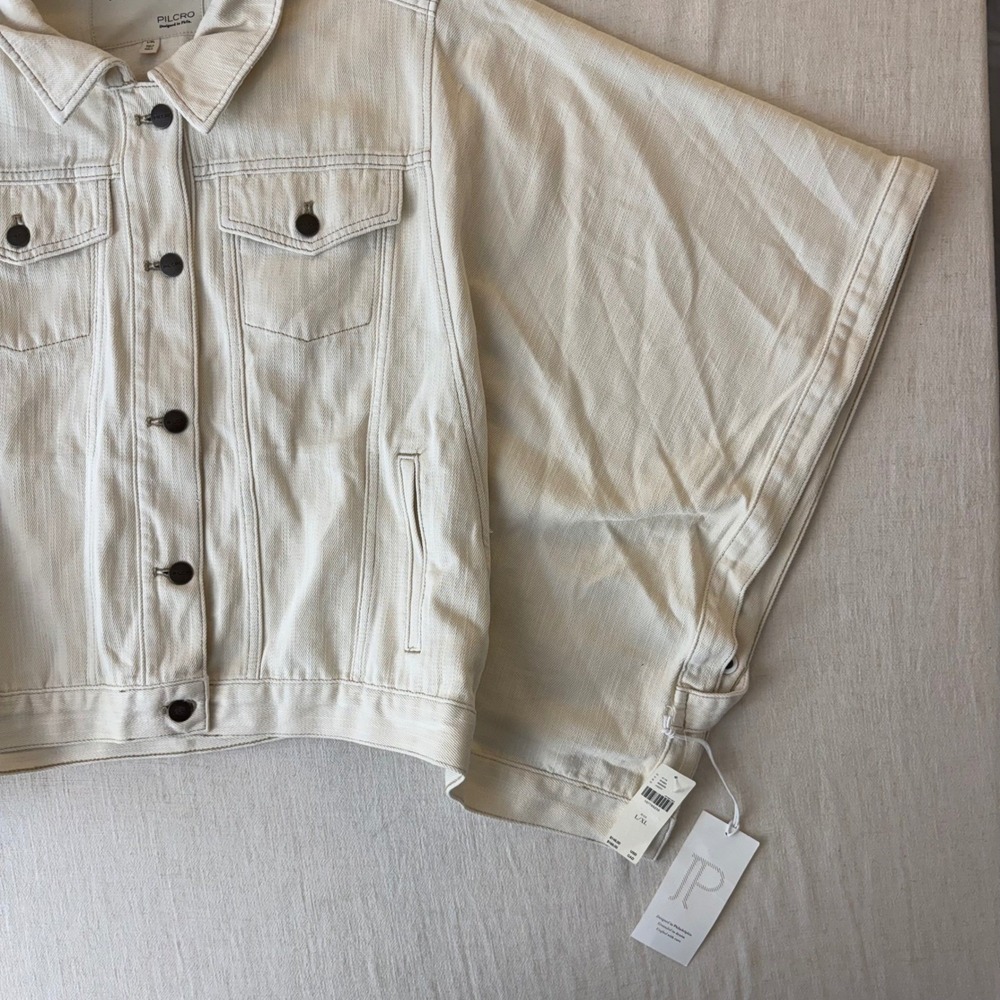 NWT Pilcro Anthropologie Weston Cape Denim Jacket Women L/XL Ivory Oversized - Picture 13 of 16